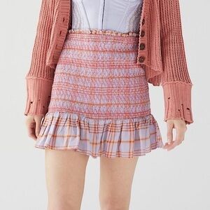 NWT Urban Outfitters Linen Rosemary Plaid Smocked Mini Skirt Pink‎ Purple Small